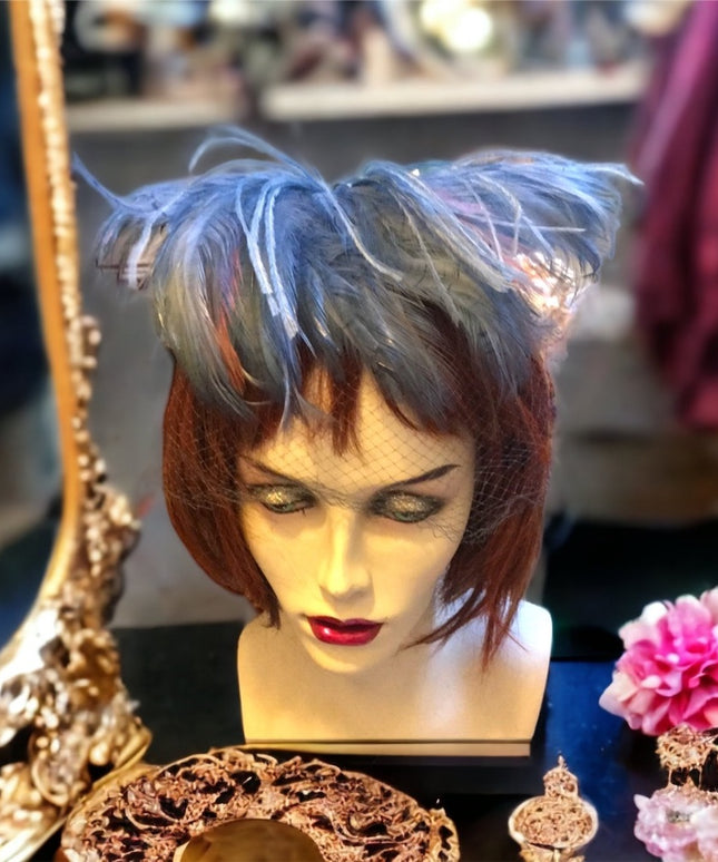 Vintage Blue OS Feather Facinator Hat