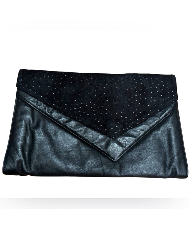 Vintage Elegant Black Calf Leather & Suede patterned Clutch Shoulder bag