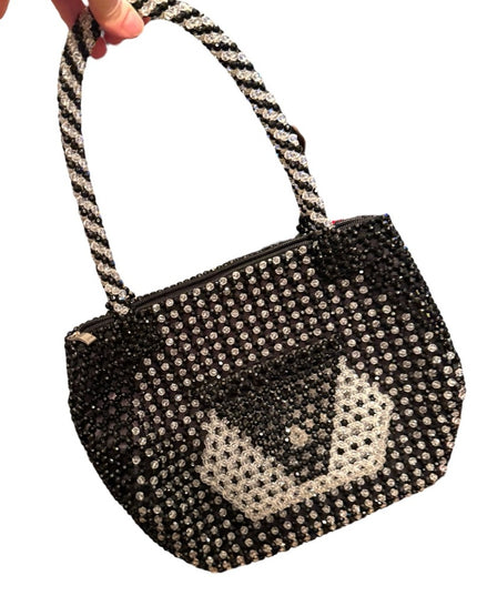 Elegant Vintage Black & Clear Beaded Shoulder Handbag 1970s