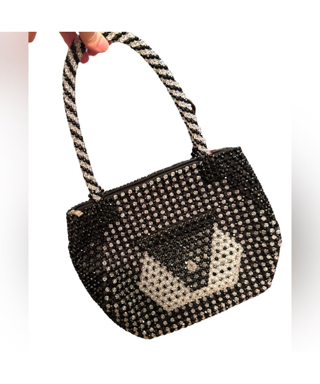 Elegant Vintage Black & Clear Beaded Shoulder Handbag 1970s