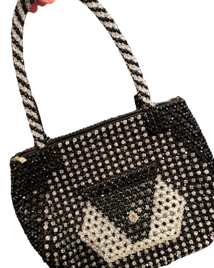 Elegant Vintage Black & Clear Beaded Shoulder Handbag 1970s