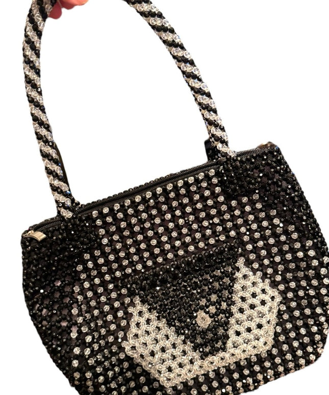 Elegant Vintage Black & Clear Beaded Shoulder Handbag 1970s