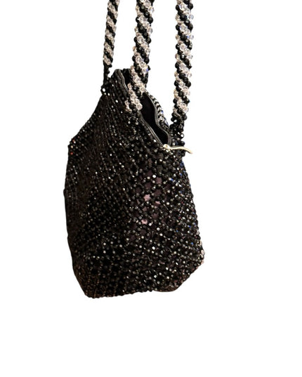 Elegant Vintage Black & Clear Beaded Shoulder Handbag 1970s