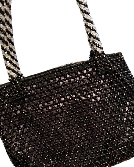 Elegant Vintage Black & Clear Beaded Shoulder Handbag 1970s