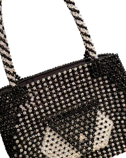 Elegant Vintage Black & Clear Beaded Shoulder Handbag 1970s