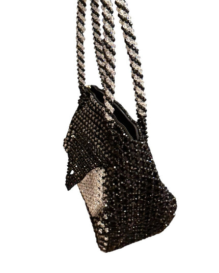 Elegant Vintage Black & Clear Beaded Shoulder Handbag 1970s