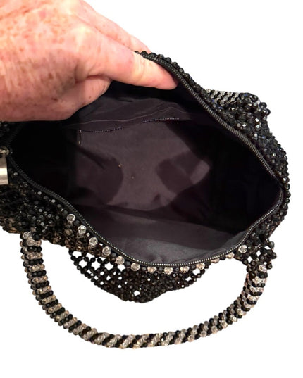 Elegant Vintage Black & Clear Beaded Shoulder Handbag 1970s