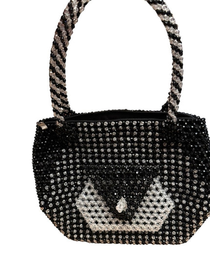 Elegant Vintage Black & Clear Beaded Shoulder Handbag 1970s