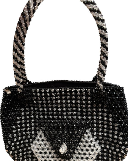 Elegant Vintage Black & Clear Beaded Shoulder Handbag 1970s