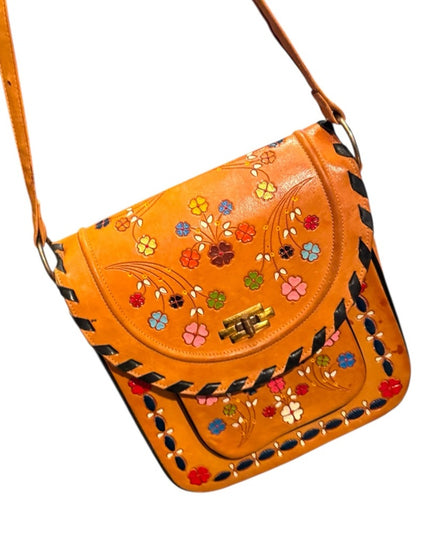 Vintage South Western Floral Painted Rooled  Tan Shoulder Bag 1970s Lovely!