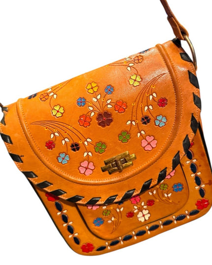 Vintage South Western Floral Painted Rooled  Tan Shoulder Bag 1970s Lovely!
