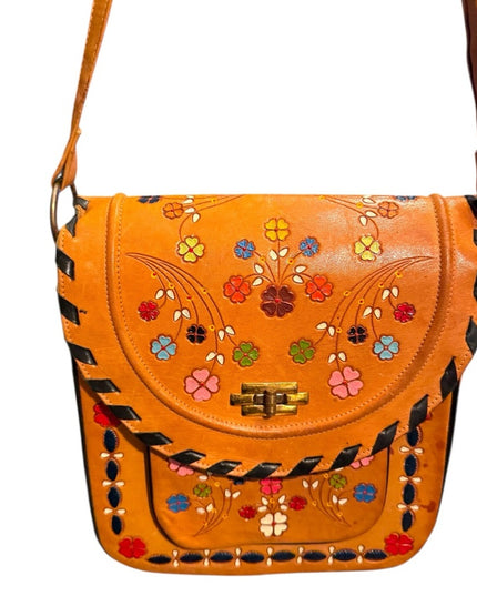 Vintage South Western Floral Painted Rooled  Tan Shoulder Bag 1970s Lovely!