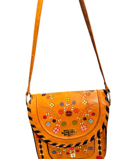 Vintage South Western Floral Painted Rooled  Tan Shoulder Bag 1970s Lovely!