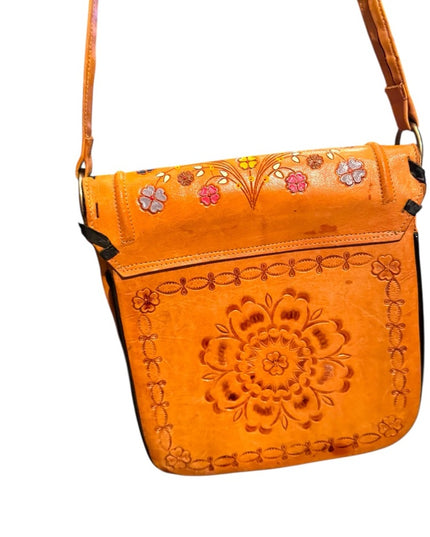 Vintage South Western Floral Painted Rooled  Tan Shoulder Bag 1970s Lovely!