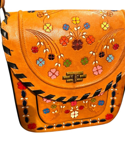 Vintage South Western Floral Painted Rooled  Tan Shoulder Bag 1970s Lovely!