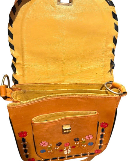 Vintage South Western Floral Painted Rooled  Tan Shoulder Bag 1970s Lovely!