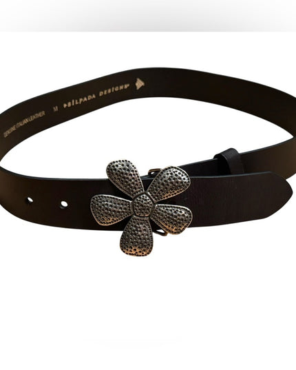 Like New Silpada Design M Black Leather Belt Silver Flower Buckle