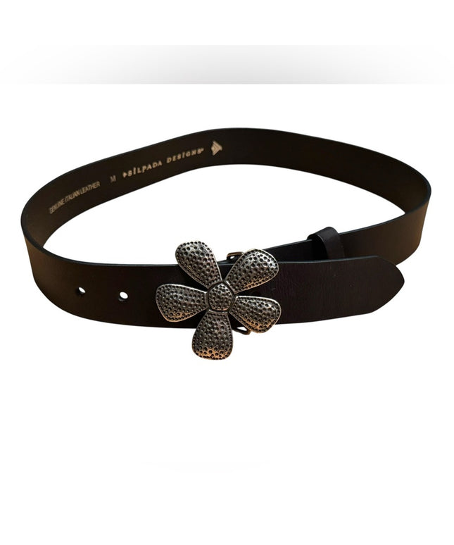 Like New Silpada Design M Black Leather Belt Silver Flower Buckle