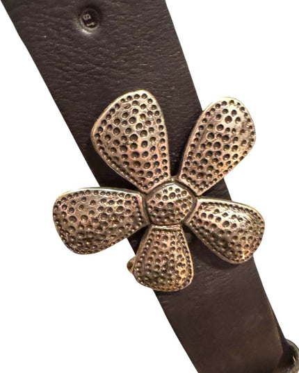 Like New Silpada Design M Black Leather Belt Silver Flower Buckle