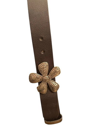 Like New Silpada Design M Black Leather Belt Silver Flower Buckle