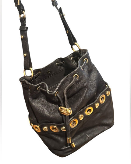 Lovely Black Leather Badgley Mischka Shoulder Bag with Gold Accents