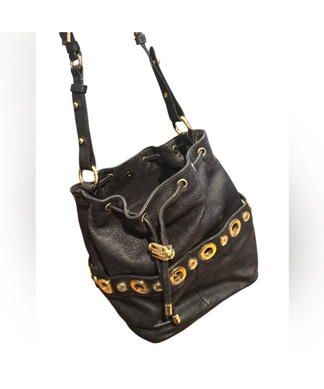 Lovely Black Leather Badgley Mischka Shoulder Bag with Gold Accents