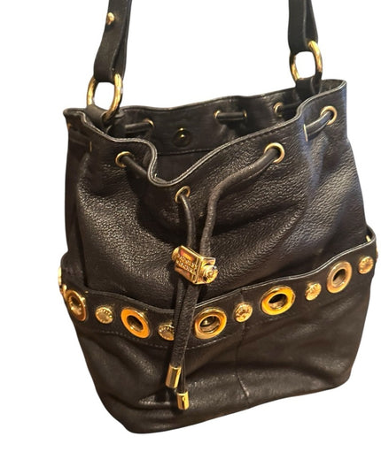 Lovely Black Leather Badgley Mischka Shoulder Bag with Gold Accents