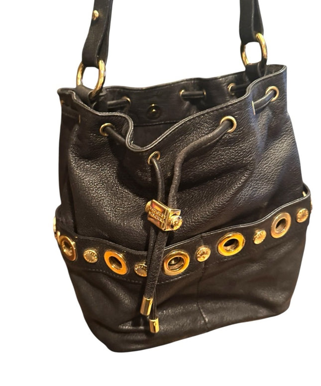 Lovely Black Leather Badgley Mischka Shoulder Bag with Gold Accents
