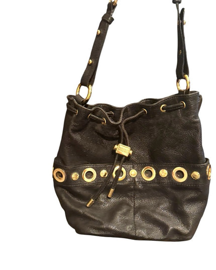 Lovely Black Leather Badgley Mischka Shoulder Bag with Gold Accents
