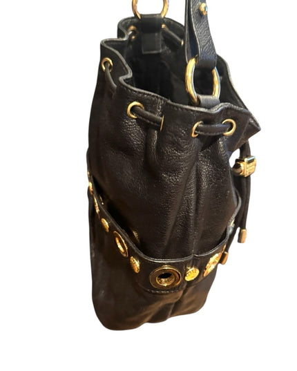 Lovely Black Leather Badgley Mischka Shoulder Bag with Gold Accents