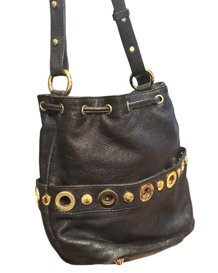 Lovely Black Leather Badgley Mischka Shoulder Bag with Gold Accents