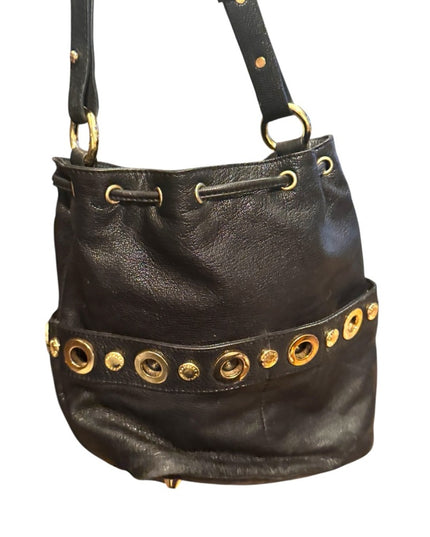 Lovely Black Leather Badgley Mischka Shoulder Bag with Gold Accents
