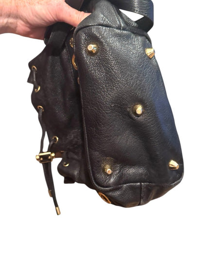 Lovely Black Leather Badgley Mischka Shoulder Bag with Gold Accents