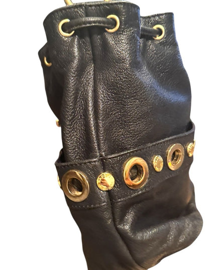 Lovely Black Leather Badgley Mischka Shoulder Bag with Gold Accents