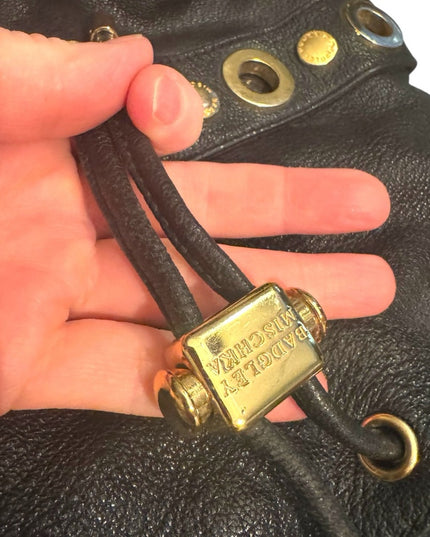 Lovely Black Leather Badgley Mischka Shoulder Bag with Gold Accents