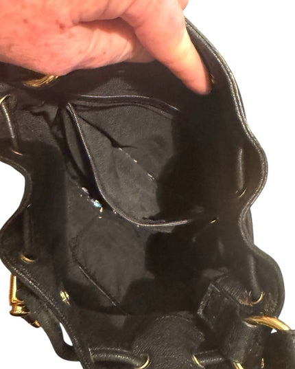 Lovely Black Leather Badgley Mischka Shoulder Bag with Gold Accents