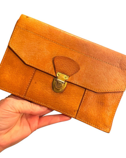 Vintage 1940s European  Tan Leather Clutch Hand made