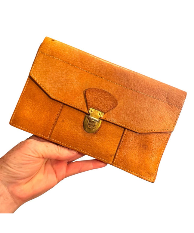Vintage 1940s European  Tan Leather Clutch Hand made