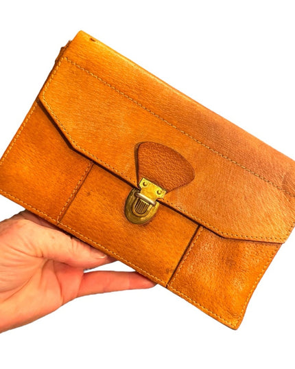 Vintage 1940s European  Tan Leather Clutch Hand made