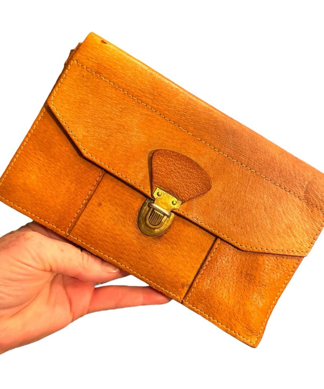Vintage 1940s European  Tan Leather Clutch Hand made