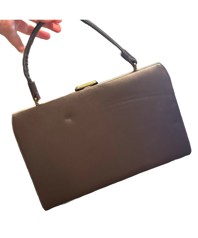 Elegant Vintage 1950s Jackie O  Brown Leather Handbag Purse Kiss lock National