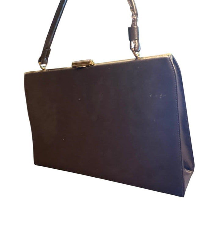 Elegant Vintage 1950s Jackie O  Brown Leather Handbag Purse Kiss lock National