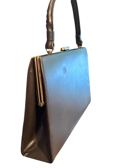 Elegant Vintage 1950s Jackie O  Brown Leather Handbag Purse Kiss lock National
