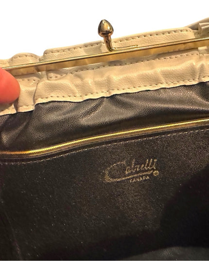 Elegant Vintage 1960s Cream Leather Kiss lock Clutch shoulder bag gold hardware