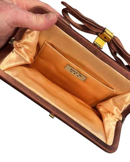 Elegant Vintage 1940s Orangish Brown Clutch Purse with Bow Accent