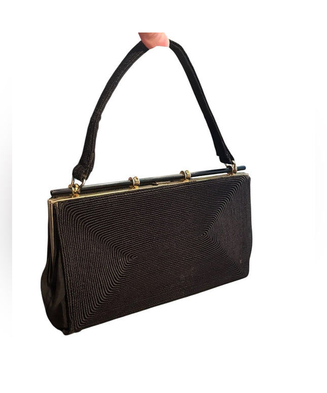 Elegant Vintage 1940s Golden Seal Corded Black Handbag Purse Kiss lock