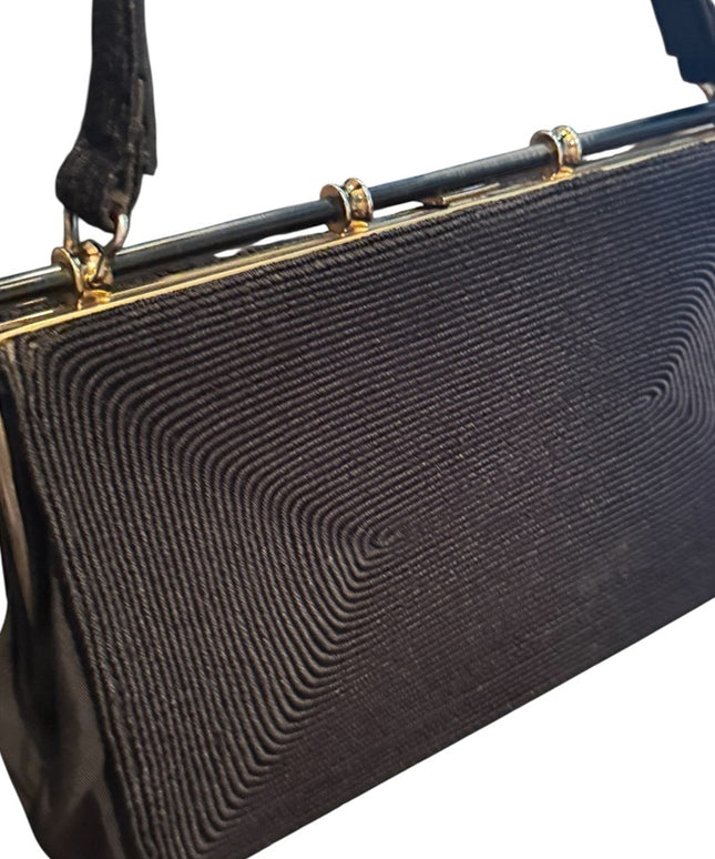 Elegant Vintage 1940s Golden Seal Corded Black Handbag Purse Kiss lock