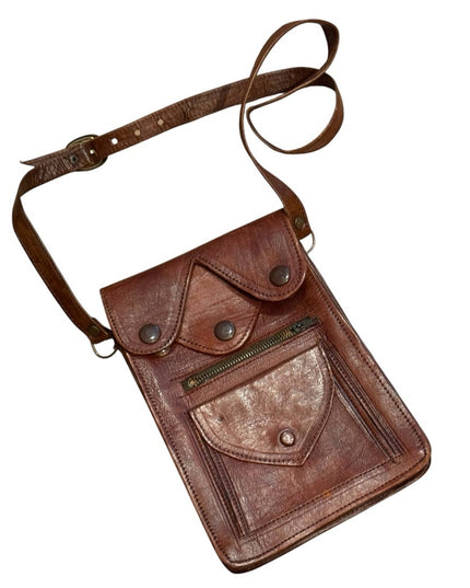Vintage 1940s Hand Made Brown Leather Crossbody Bag Wallet Multi Pocket