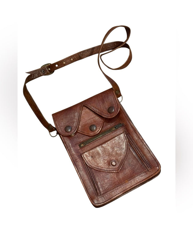 Vintage 1940s Hand Made Brown Leather Crossbody Bag Wallet Multi Pocket