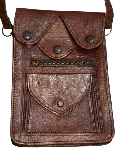 Vintage 1940s Hand Made Brown Leather Crossbody Bag Wallet Multi Pocket